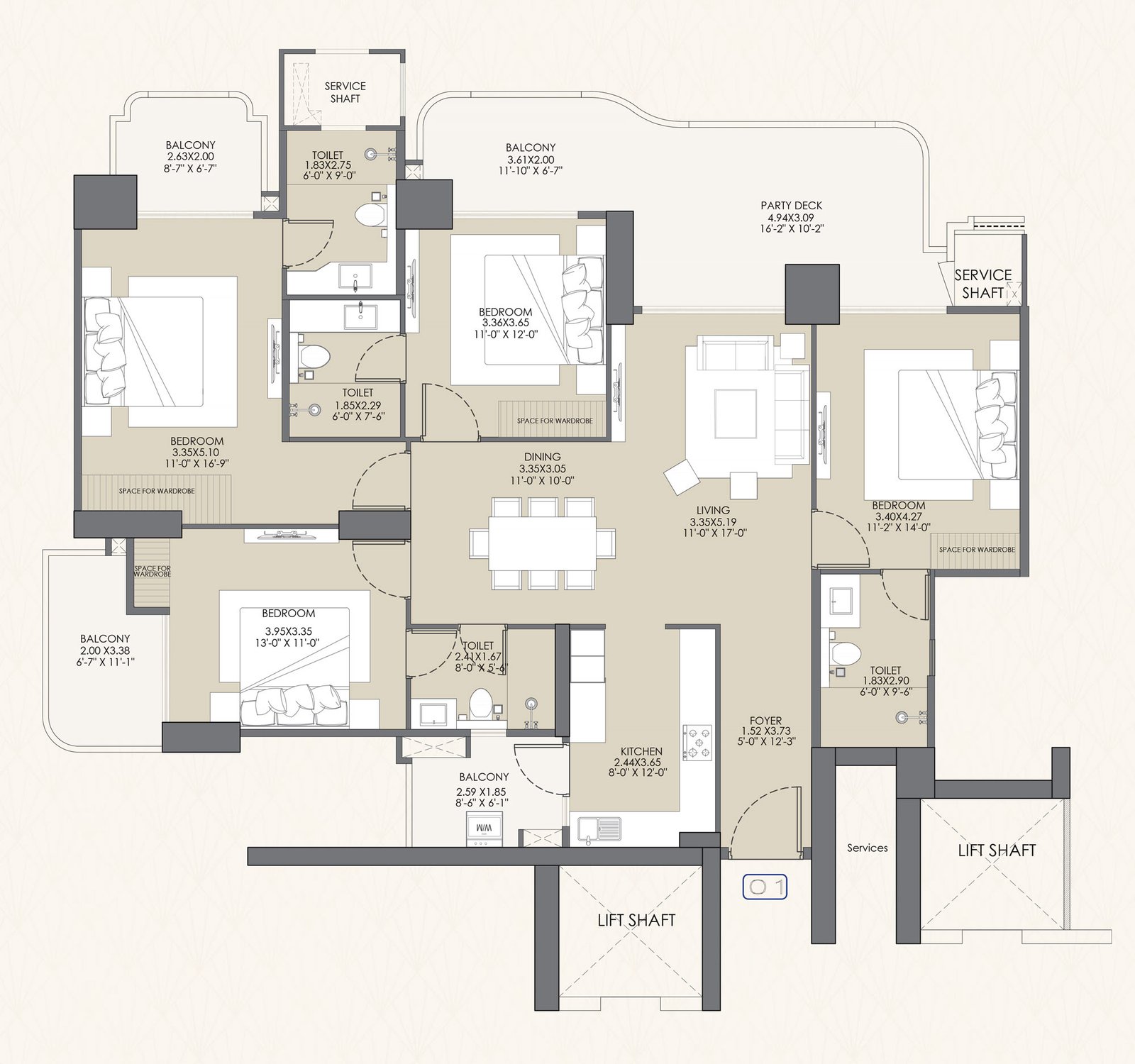 3 BHK + 3 Toilet