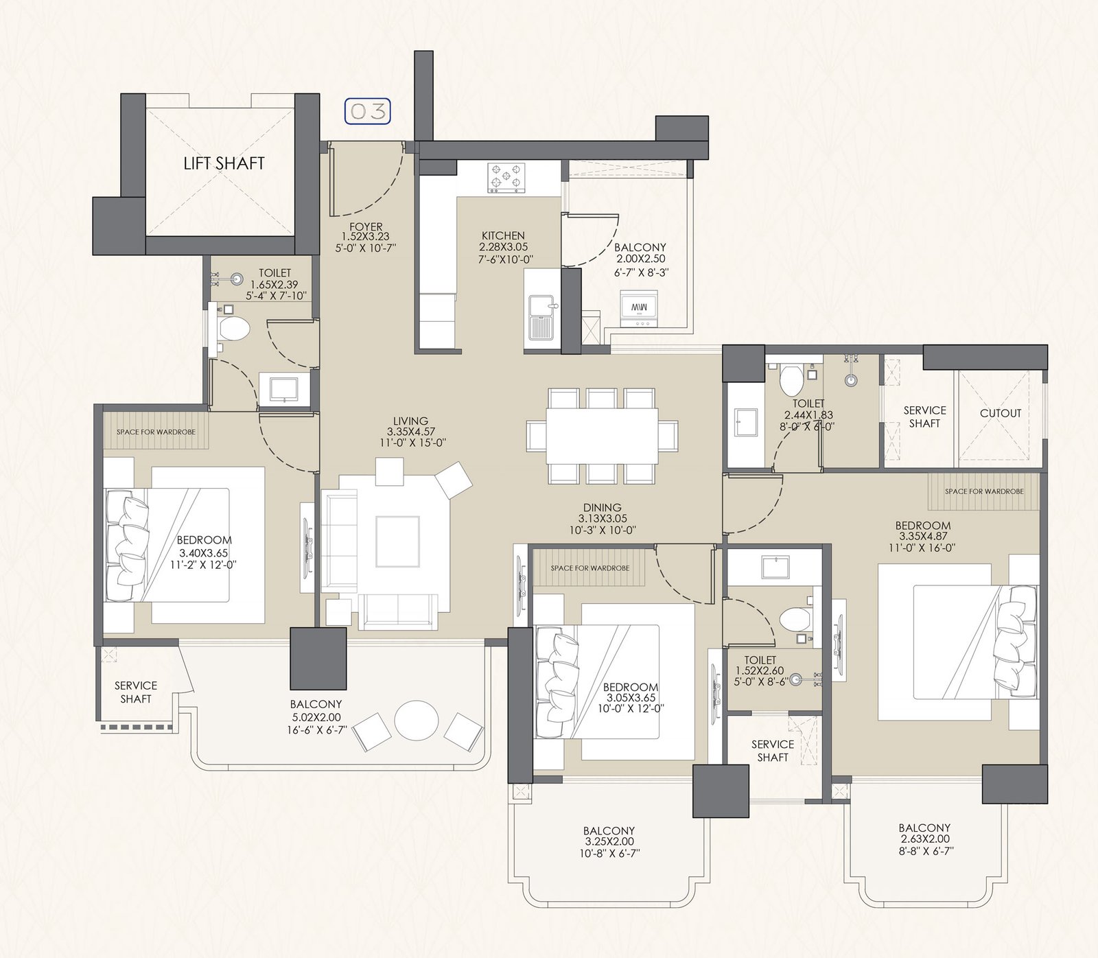 3 BHK + 3 Toilet + Multipurpose Room